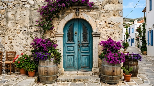Weathered Blue Wooden Door Framed by Purple Flowers on Rustic Stone Village Street