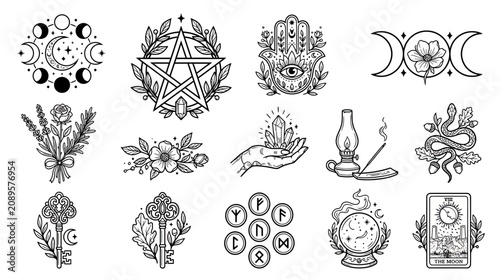 Tablou pe pânză Esoteric Symbols Collection: Moon, Stars, Pentagram, Hamsa, Crystals, Tarot
