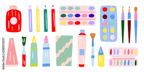 Art Supplies Illustration Crayons Paintbrushes Markers And Tubes