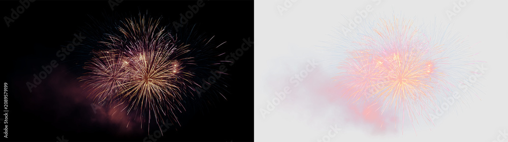 Obraz premium Fireworks display with bright colors bursting in the night sky against a transparent background