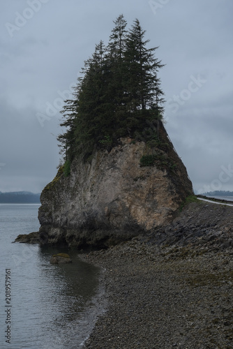 Breathtaking and impressive panoramic scenic view of Icy Strait Point Hoonah, AK coast with lush mountain vegetation and trees during summer Last Frontier cruise with distant mountain range glaciers