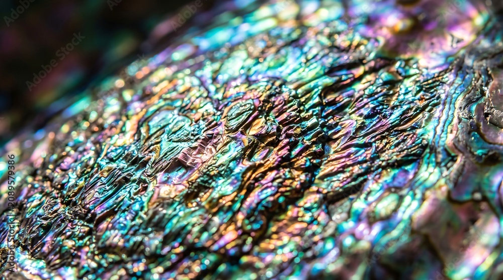 Fototapeta premium Colorful macro texture of an iridescent shell. Ideal for jewelry websites, abstract backgrounds, and ocean-themed designs.