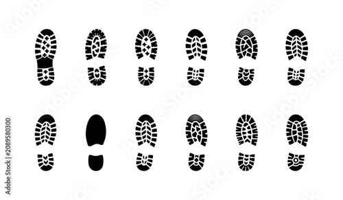 Bild auf Leinwand Boot footprint icon set with various shoe sole tread patterns for forensic investigation and criminal evidence tracking collection isolated on white background symbol of steps and human path walk