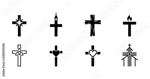 Foto Christian cross symbols and church religious icons isolated on white background including heart cross and faith emblems for spiritual design elements and holy graphics vector black set