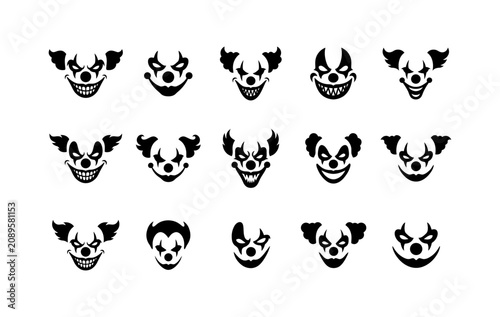 Foto Scary clown faces in various expressions, featuring sharp teeth, wild hair, and creepy makeup, suitable for horror themes