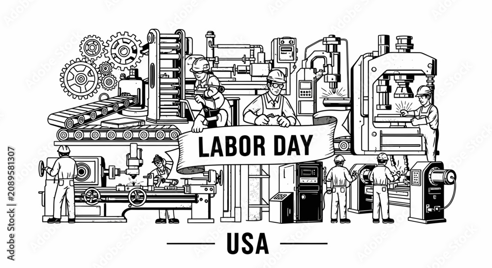 Obraz premium Labor Day USA Industrial Workers Manufacturing Scene Illustration
