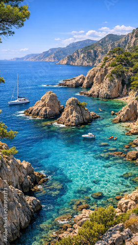 Stunning coastal landscape with clear blue sea, jagged rocky cliffs, and boats anchored off the shore. Popular tourist spot for boating and watersports.