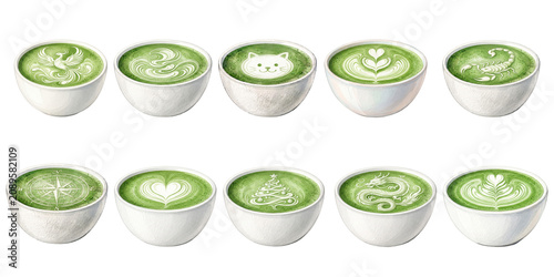 PNG cut out isolated background. A collection of ten white cups filled with green matcha tea, each featuring intricate, unique latte art designs including animals, seasonal motifs, and classic pattern