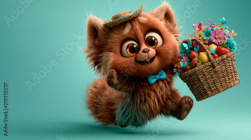 Cute Baby Red Panda Carrying Spring Flower and Fruit Basket