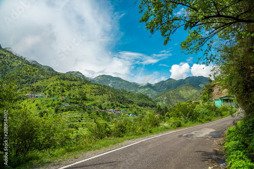 Scenic Mountain Road Through Lush Green Hills in Dhanaulti, Uttarakhand, India