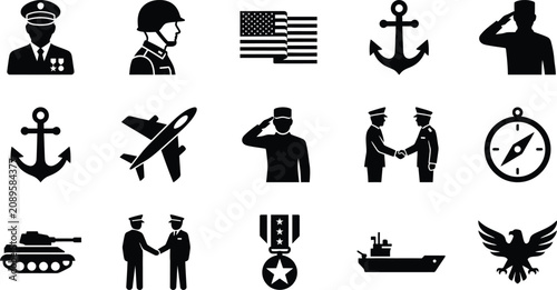 Collection of Military and Patriotic Icons Representing Service and Strength.