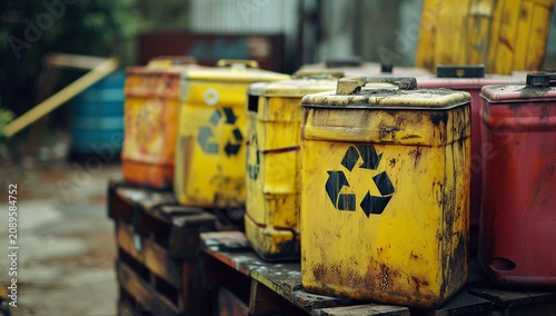 Rusty hazardous waste container with recycle symbol on pallet, showing toxic waste disposal and pollution risk.