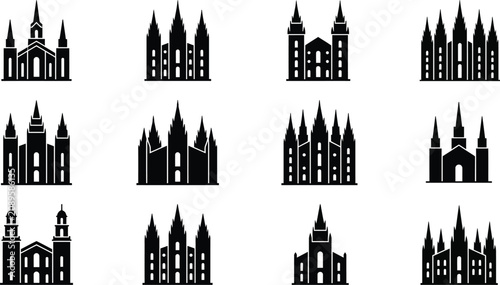 Collection of Mormon Temple Silhouettes Isolated on White Background.