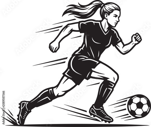 Dynamic female soccer player sprinting with ball in motion