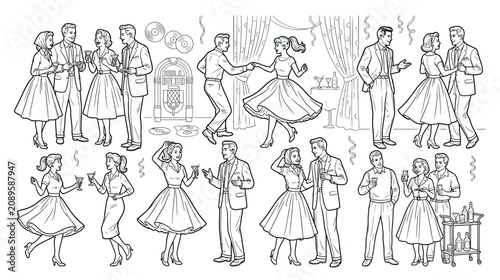 Cuadro en lienzo Retro Party Scene: Couples Dancing and Mingling in Vintage Style