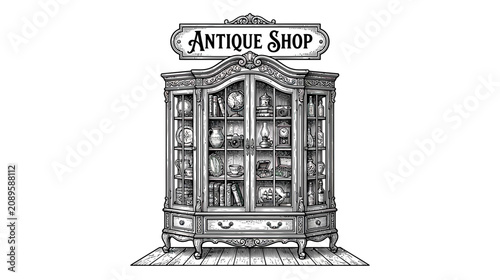 Bild auf Leinwand Antique Shop Cabinet with Ornate Display of Vintage Items