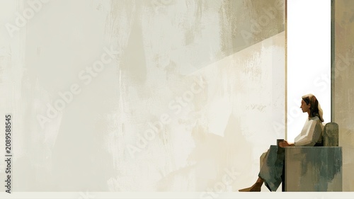 Woman Seeking Inner Peace Sitting Quietly by Window, Minimalist Christian Devotional Lifestyle Illustration