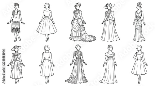 Quadro su tela Vintage fashion history vector set, 10 historical women's dress illustrations, a