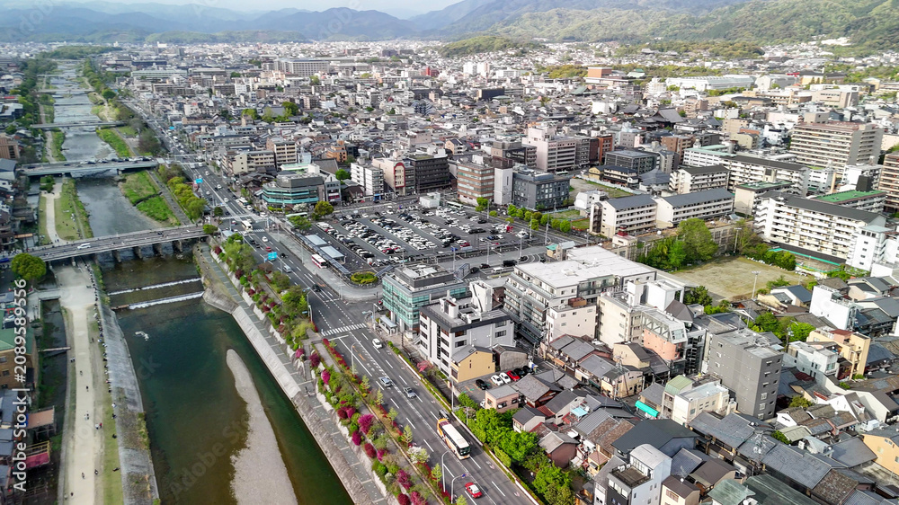 Fototapeta premium Kyoto aerial view with Kamo River and city buildings urban skyline panorama