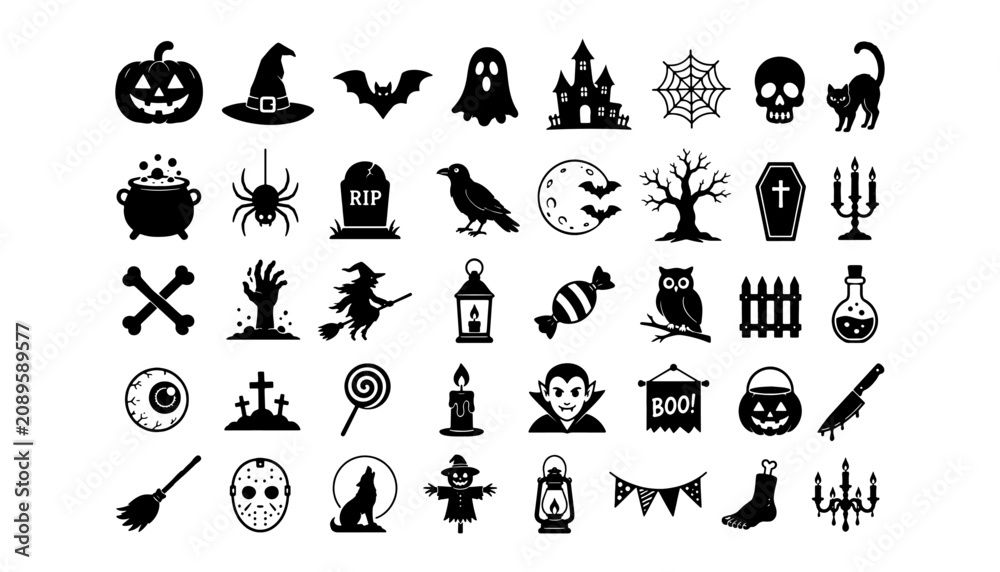 Obraz premium Halloween silhouette icons set, spooky holiday vector elements with pumpkin, ghost and skull, black flat icons for autumn party decoration