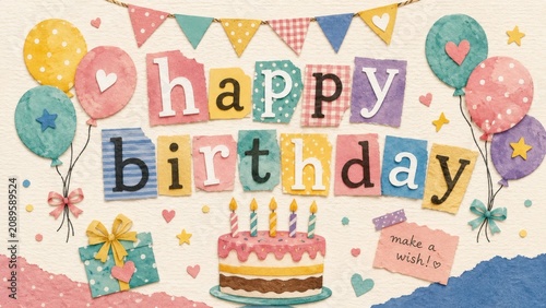 Colorful Handmade Happy Birthday Paper Collage Greeting Card with Festive Decorations