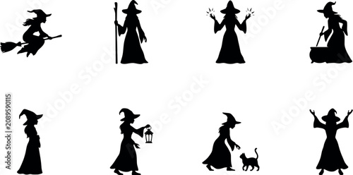 Cuadro en lienzo Halloween witch black silhouettes vector set featuring broom flying cauldron bre