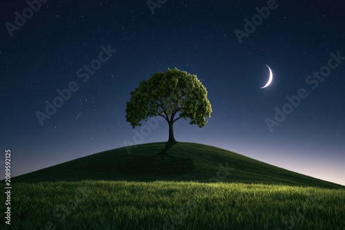 Lone tree on grassy hill under crescent moon and starry night sky