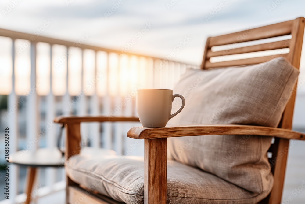 Fototapeta premium Cozy wooden armchair with a mug of coffee on a balcony at sunset, peaceful morning or evening relaxation.