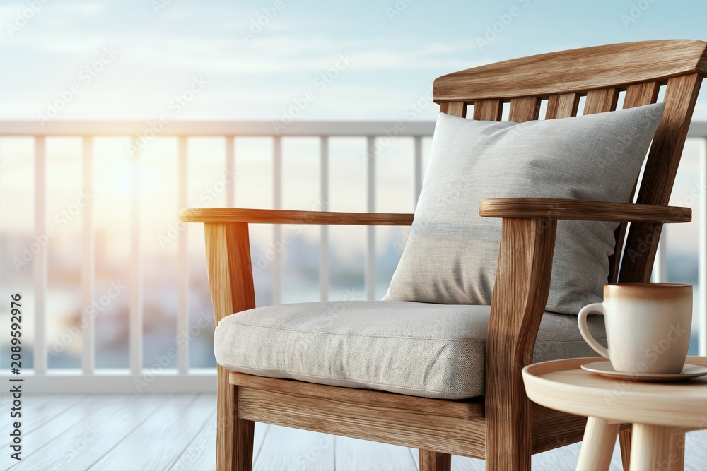 Fototapeta premium Cozy wooden armchair with cushion and coffee cup on a balcony overlooking a city at sunrise.