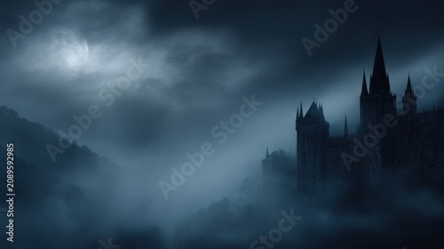 Dark Foggy Medieval Castle Beneath Moonlit Sky With Mysterious Atmospheric Mist Landscape
