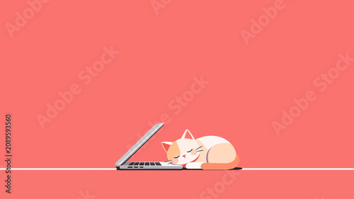 Fotografie Cute minimalist cartoon cat sleeping peacefully on a laptop keyboard with soft c