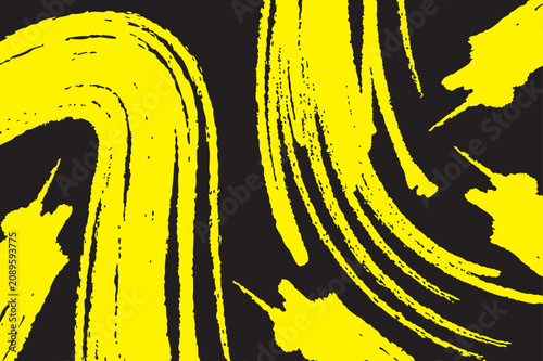 Abstract background, featuring bold yellow, paint brush strokes, on a solid, black backdrop with, textured artistic lines