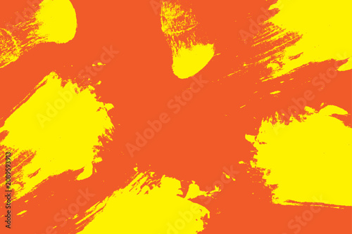 Bright yellow paint brush strokes on a vibrant orange background, abstract artistic texture with thick paint application