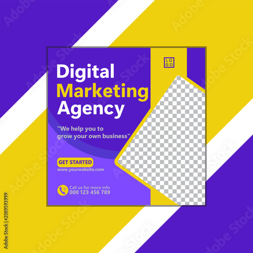 Digital marketing agency square advertisement template with yellow and purple geometric shapes and frame