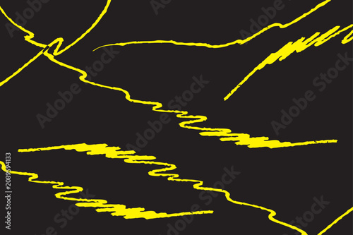 Hand drawn yellow wavy lines on a black background, abstract scribble pattern with irregular flowing hand drawn strokes