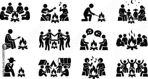 Group of People Enjoying Campfire Activities and Outdoor Gatherings.