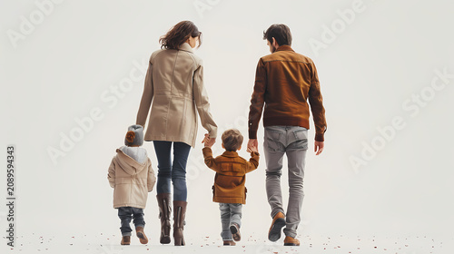 Photorealistic isolated cutout image of a parent gently holding a small child's hand while walking, captured from a back angle on a white background. 