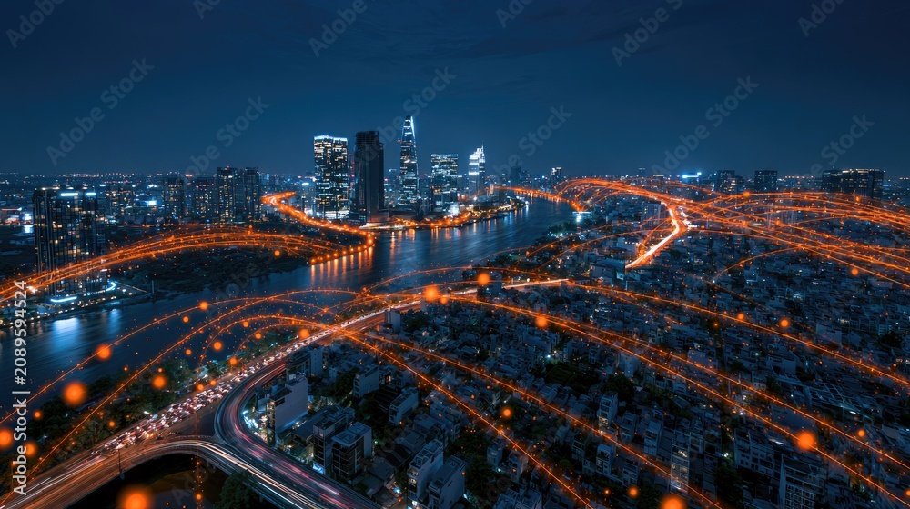 Fototapeta premium Futuristic city at night with glowing orange network lines connecting buildings
