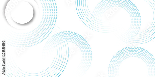 Abstract white background with blue circle rings. Digital future technology concept. Abstract white blue Dots and lines in circles over white background. Spiral sound wave rhythm line and dots dynamic