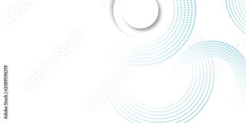 Abstract white background with blue circle rings. Digital future technology concept. Abstract white blue Dots and lines in circles over white background. Spiral sound wave rhythm line and dots dynamic