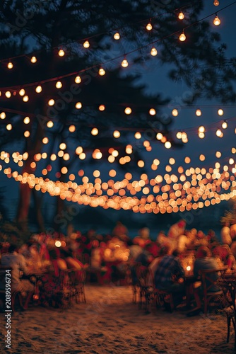 Evening celebration with glowing string lights over guests dining outdoors