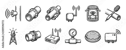 Set of hand-drawn industrial icons for utility monitoring systems, featuring pipe sensors, wireless transmitters, pressure gauges, alarms, and valves in a detailed sketch style