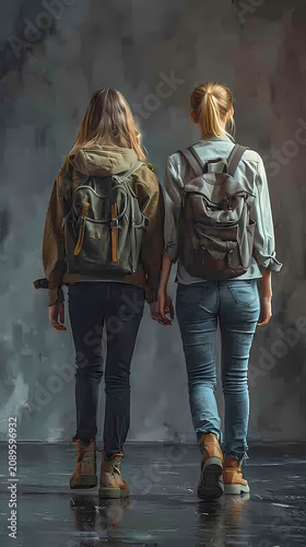 Photorealistic isolated cutout image of a young woman with long flowing brown hair walking alone, viewed from behind.