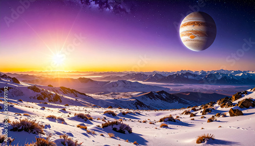 A futuristic landscape, the planet Jupiter, shining with a cold light against the backdrop of the black abyss of space, makes a majestic impression