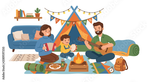 Quadro su tela A happy family enjoys an indoor camping adventure in their living room, playing musical instruments around a pretend campfire and tent