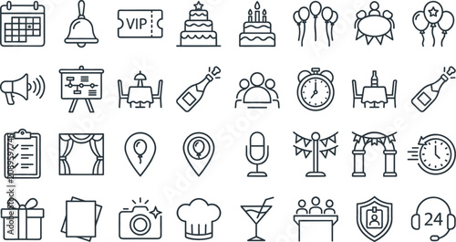 Tableau sur toile Wedding party planning event celebration birthday line icon set for catering ent