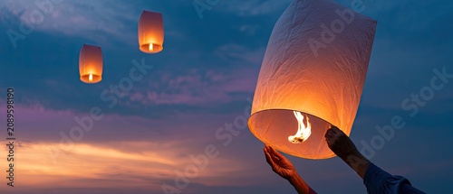 Hands releasing a glowing paper lantern into a twilight sky with clouds