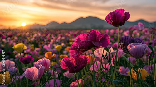 Vibrant field of blooming poppies at sunset, bathed in golden light