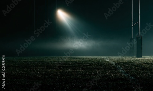 Illuminated rugby posts stand against a misty, dark night on a grass field