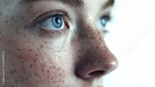 This is an of a person's face with a close-up view focusing on the features such as the nose, eyes, and freckles. The individual appears to have light skin and distinctive blue eyes.